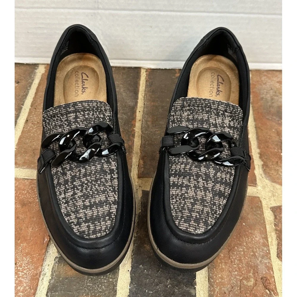Clarks Black Leather Loafers Houndstooth Chunky Chain Detail Comfort Women's 9.5